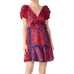 Self-Portrait A-Line Dress Red Floral Print Short Sleeve with Plunge Neckline 4